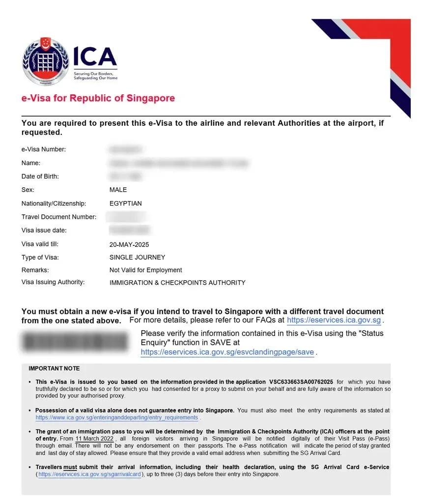 Example of a Singapore e-Visa document issued by ICA
